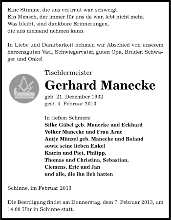 Traueranzeige von Gerhard Manecke von Uelzen