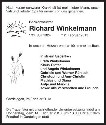 Traueranzeige von Richard Winkelmann von Uelzen