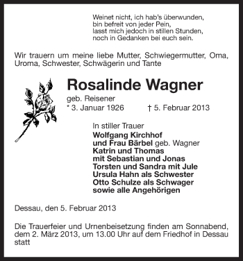 Traueranzeige von Rosalinde Wagner von Uelzen