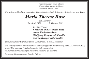Traueranzeige von Maria Therese Rose von Uelzen