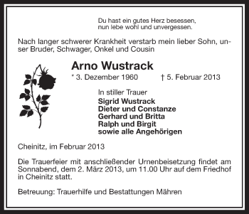 Traueranzeige von Arno Wustrack von Uelzen