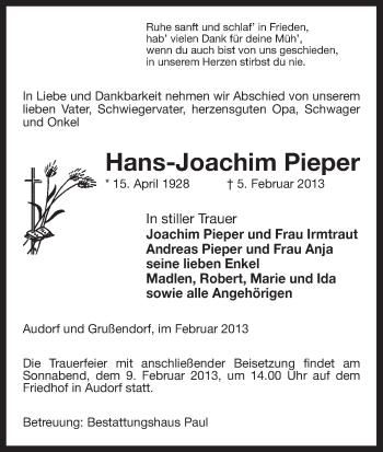 Traueranzeige von Hans-Joachim Pieper von Uelzen