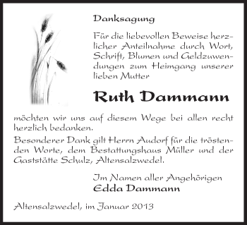 Traueranzeige von Ruth Dammann von Uelzen