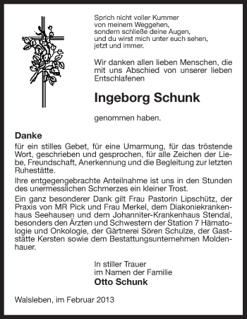 Traueranzeige von Ingeborg Schunk von Uelzen