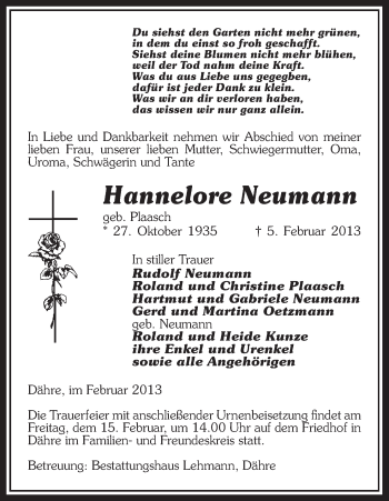 Traueranzeige von Hannelore Neumann von Uelzen