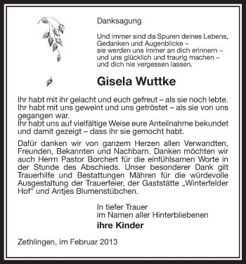 Traueranzeige von Gisela Wuttke von Uelzen
