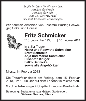 Traueranzeige von Fritz Schmicker von Uelzen