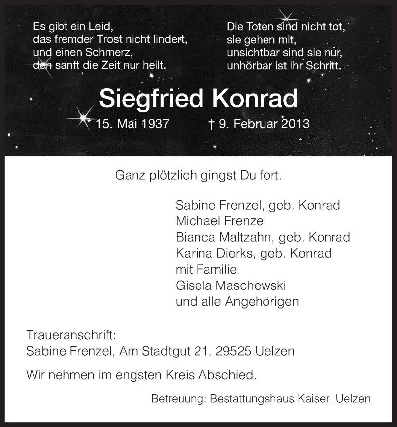  Traueranzeige für Siegfried Konrad vom 13.02.2013 aus Uelzen