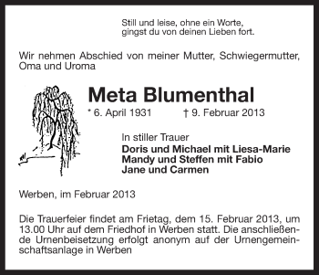 Traueranzeige von Meta Blumenthal von Uelzen