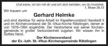 Traueranzeige von Gerhard Helmke von Uelzen