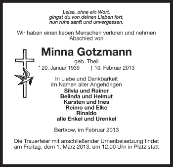 Traueranzeige von Minna Gotzmann von Uelzen