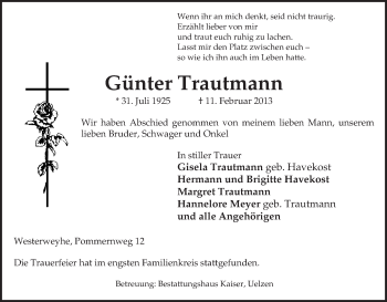 Traueranzeige von Günter Trautmann von Uelzen
