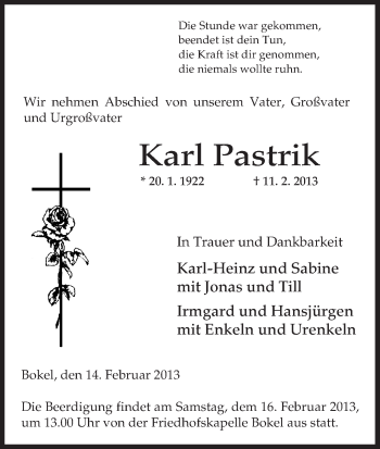 Traueranzeige von Karl Pastrik von Uelzen