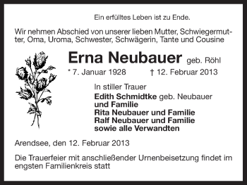Traueranzeige von Erna Neubauer von Uelzen