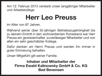 Traueranzeige von Leo Preuss von Uelzen