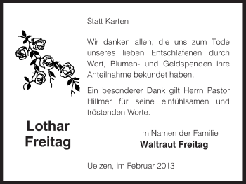 Traueranzeige von Lothar Freitag von Uelzen