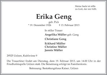 Traueranzeige von Erika Geng von Uelzen