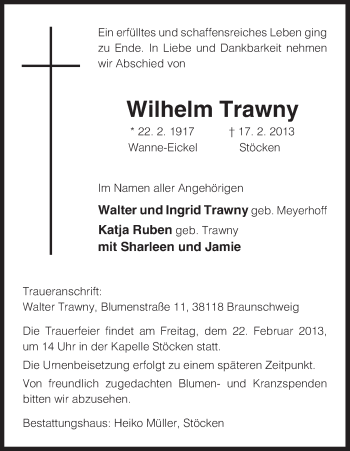 Traueranzeige von Wilhelm Trawny von Uelzen