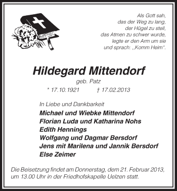 Traueranzeige von Hildegard Mittendorf von Uelzen