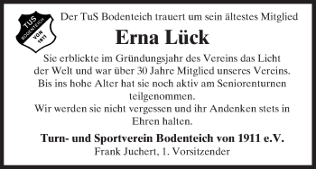 Traueranzeige von Erna Lück von Uelzen