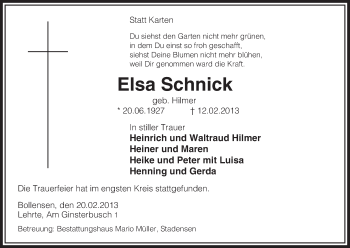 Traueranzeige von Elsa Schnick von Uelzen