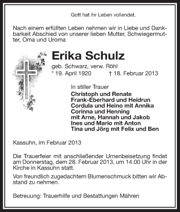 Traueranzeige von Erika Schulz von Uelzen