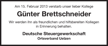 Traueranzeige von Günter Brettschneider von Uelzen