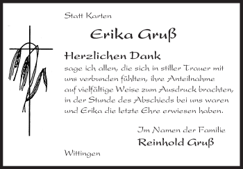 Traueranzeige von Erika Gruß von Uelzen