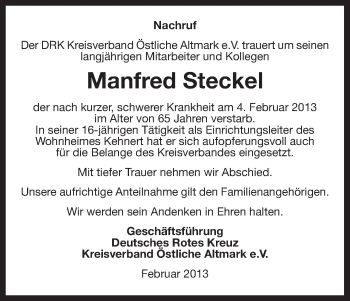 Traueranzeige von Manfred Steckel von Uelzen