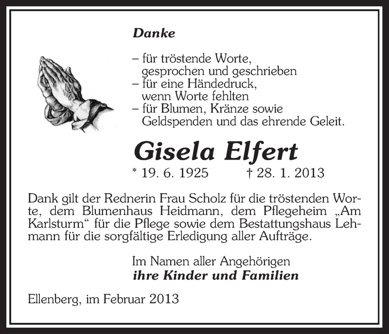  Traueranzeige für Gisela Elfert vom 23.02.2013 aus Uelzen