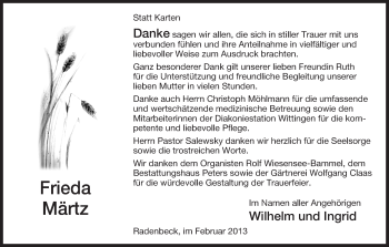 Traueranzeige von Frieda Märtz von Uelzen