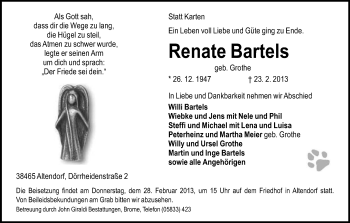 Traueranzeige von Renate Bartels von Uelzen