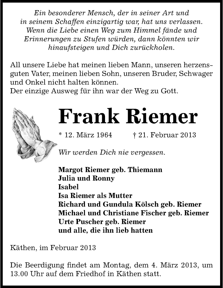  Traueranzeige für Frank Riemer vom 27.02.2013 aus Uelzen