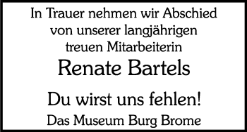 Traueranzeige von Renate Bartels von Uelzen