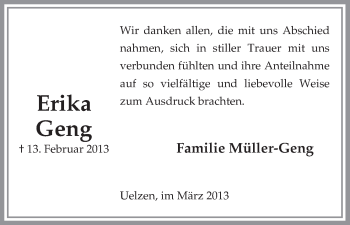 Traueranzeige von Erika Geng von Uelzen
