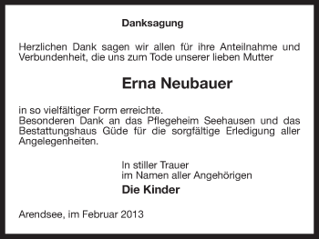 Traueranzeige von Erna Neubauer von Uelzen