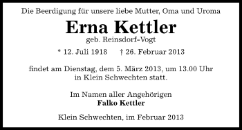 Traueranzeige von Erna Kettler von Uelzen