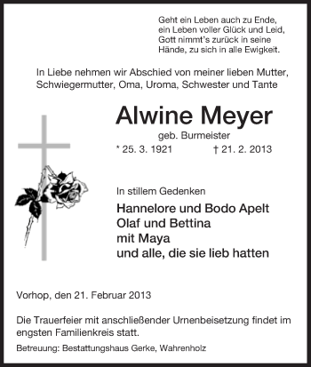 Traueranzeige von Alwine Meyer von Uelzen