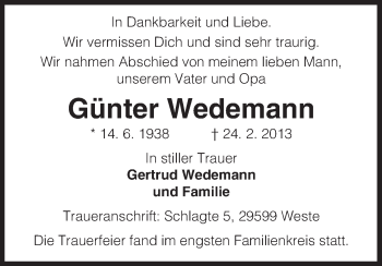 Traueranzeige von Günter Wedeman von Uelzen
