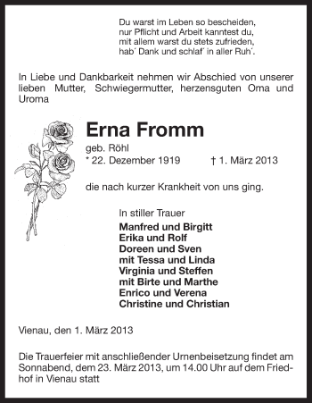 Traueranzeige von Erna Fromm von Uelzen