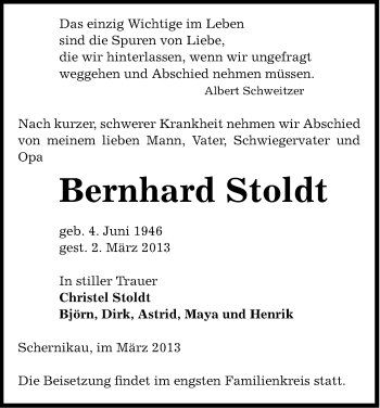 Traueranzeige von Bernhard Stoldt von Uelzen