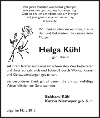 Traueranzeige von Helga Kühl von Uelzen