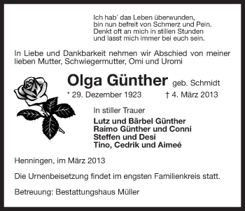 Traueranzeige von Olga Günther von Uelzen