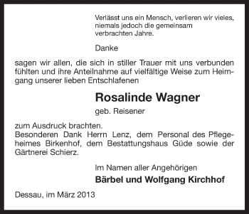 Traueranzeige von Rosalinde Wagner von Uelzen