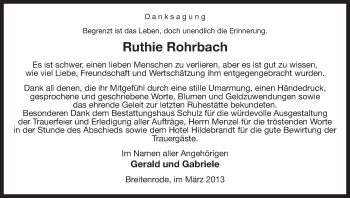 Traueranzeige von Ruthie Rohrbach von Uelzen