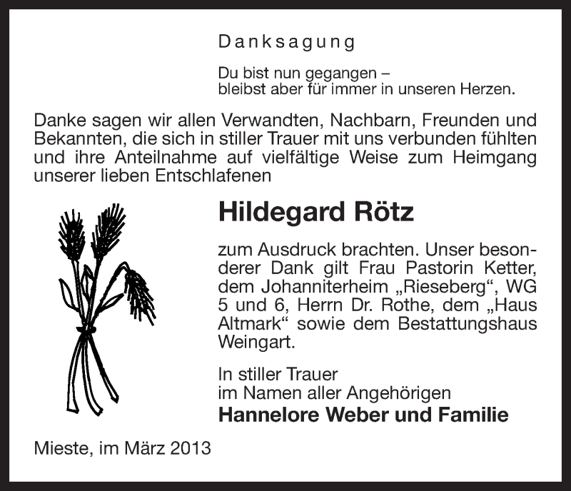 Traueranzeigen Von Hildegard Rotz Az Trauer De