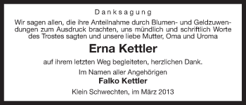 Traueranzeige von Erna Kettler von Uelzen