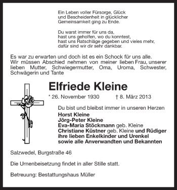 Traueranzeige von Elfriede Kleine von Uelzen