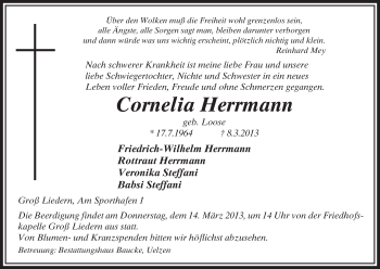 Traueranzeige von Cornelia Herrmann von Uelzen