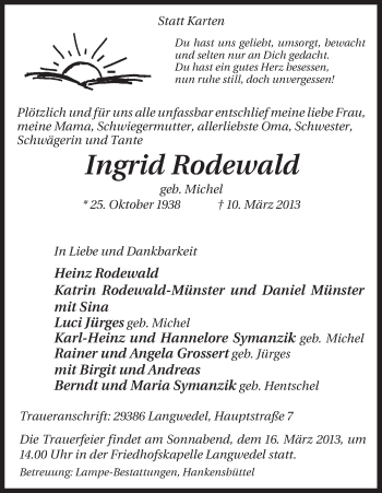 Traueranzeige von Ingrid Rodewald von Uelzen